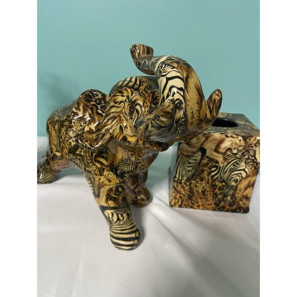 VTG La Vie 3 Piece Elephant, Vase, Tissue HolderSafari Patchwork Glazed Ceramic - Picture 7 of 8